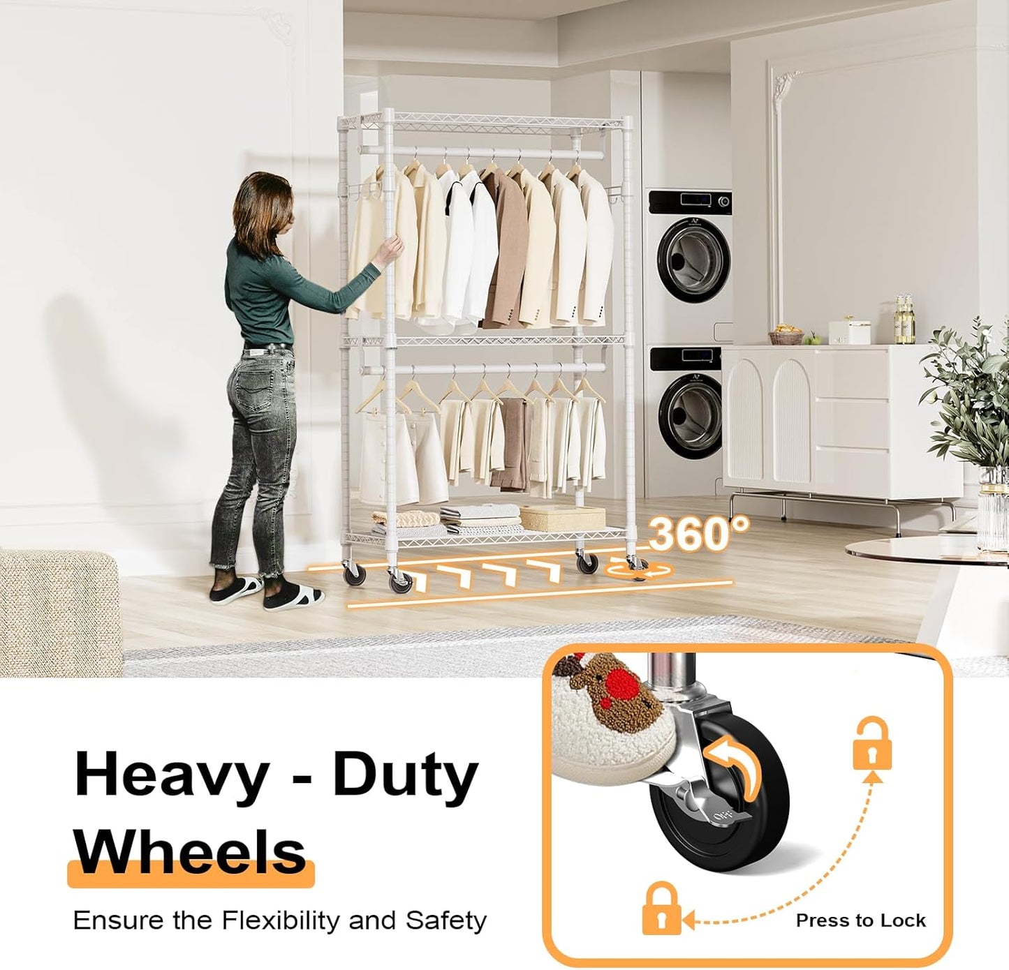 Heavy Duty Rolling Garment Rack 3 Tiers Adjustable Wire Shelving Clothes Rack with 2 Rods and Side Hooks,Storage Closet Clothing Rack with Wheels White 15.7" D x 29.5" W x 74.5" H