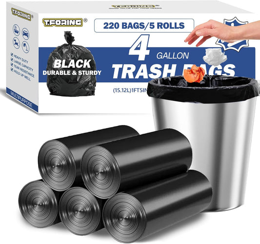 Small Trash Bags 4 Gallon - 0.94 Mil Thick 220 Count Heany Duty 15 Liters Black Garbage Bags,Leakproof Durable and Unscented Weastbasket Can Liners for Bathroom Bedroom Home