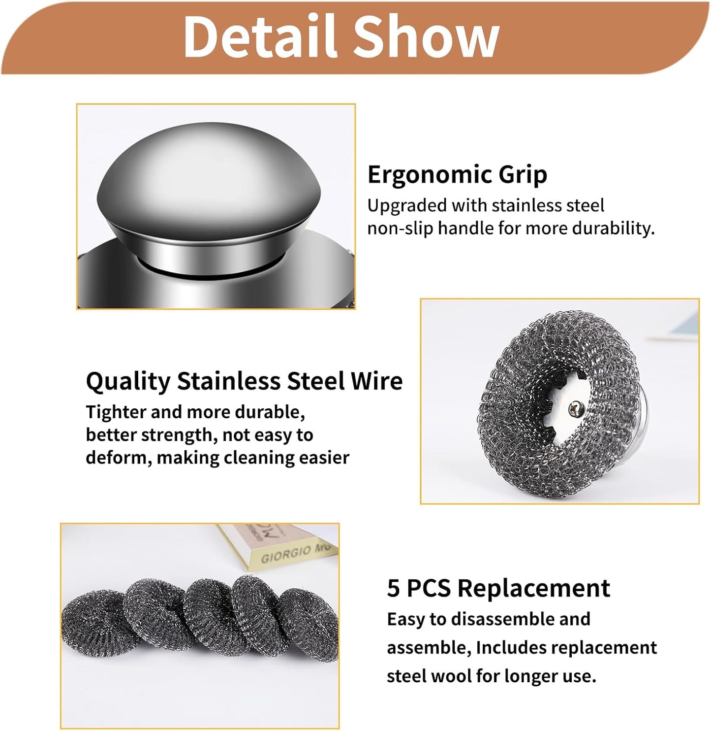 6Pcs Steel Wool Scrubber with Replacement Wire Pads Set, Stainless Steel Scrubber with Handle for Scouring Stubborn Messes from Cast Iron, Pots, Pans, Grill, Stoves, Sink(1 Scrubber+5 Pads)