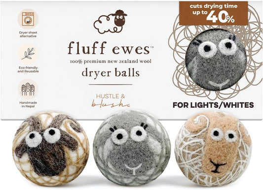 Fluff Ewes Wool Dryer Balls 3 Pack Premium New Zealand Wool Laundry Balls for Dryer, No Static Dryer Balls Laundry Reusable Cute - XL Wool Dryer Balls Cute, Baby Dryer Balls for Dryers - Lights
