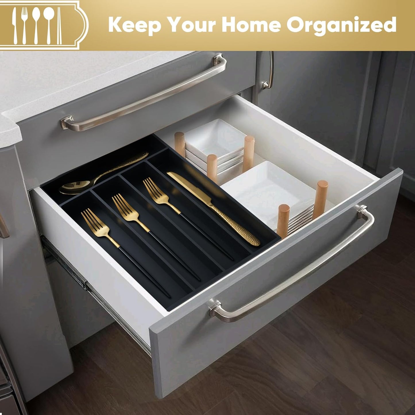 Silverware Organizer, 2 Pack 10 Inch Utensil Organizer Kitchen Drawer Organizer Bamboo Silverware Holder Cutlery Tray Organizer in Drawer Flatware Organizer Tray(5 slots, Black）