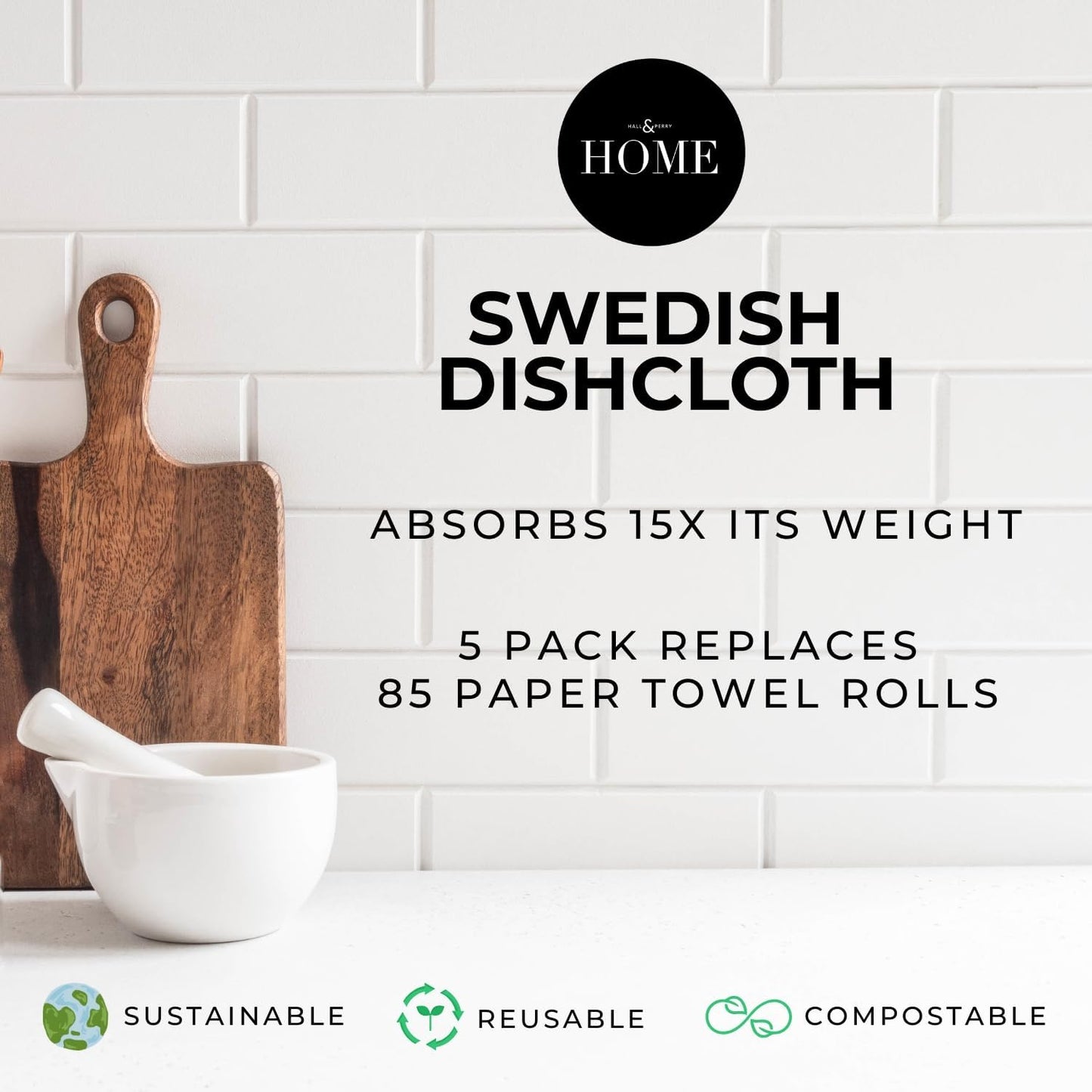 HALL & PERRY Swedish Dishcloths for Kitchen, 5-Pack, Reusable Cellulose Sponge Cloths for Kitchen & Cleaning – Eco-Friendly, Ultra-Absorbent, Quick-Drying (Floral Blue)