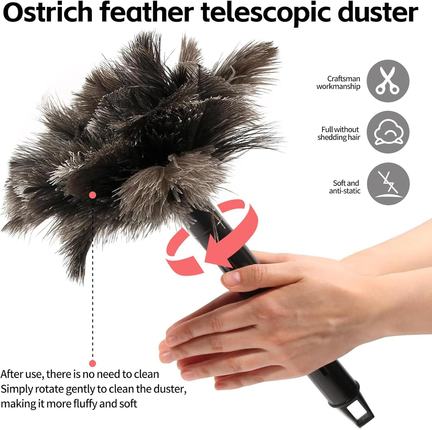Retractable Feather Duster-Genuine Ostrich Feathers,Anti-Static,Reusable Eco-Friendly Handheld Cleaning for Keyboard,Home,Car,Office(10 to 15 Inches) 1 Pack