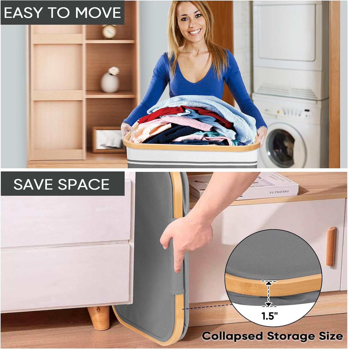 BALEINE Laundry Hamper with Lid, Tall Laundry Baskets with Bamboo Pull Handles, Large Laundry Bin with Internal Support (36 Gal/140L, Grey Stripe)