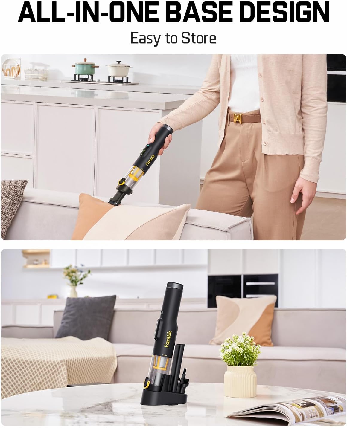 Fanttik Slim V10 Lite Cordless Handheld Vacuum, 0.98lb Lightweight with All-in-One Base Design, 12000Pa Suction & Smart LED Display, Portable Mini Vacuum Cleaner for Kitchen Table, Home, Car