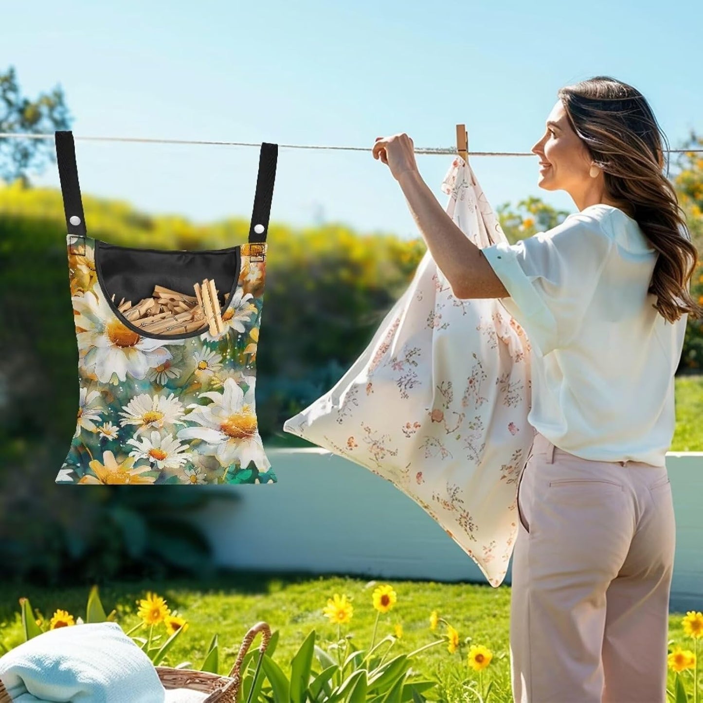 Daisy Clothespin Organizer Bag Shell Beach Clothespin Bags with Hanging Hook Waterproof Clothes Pin Storage Organizer with Large Opening Clothespin Bag for Clothesline Outdoor