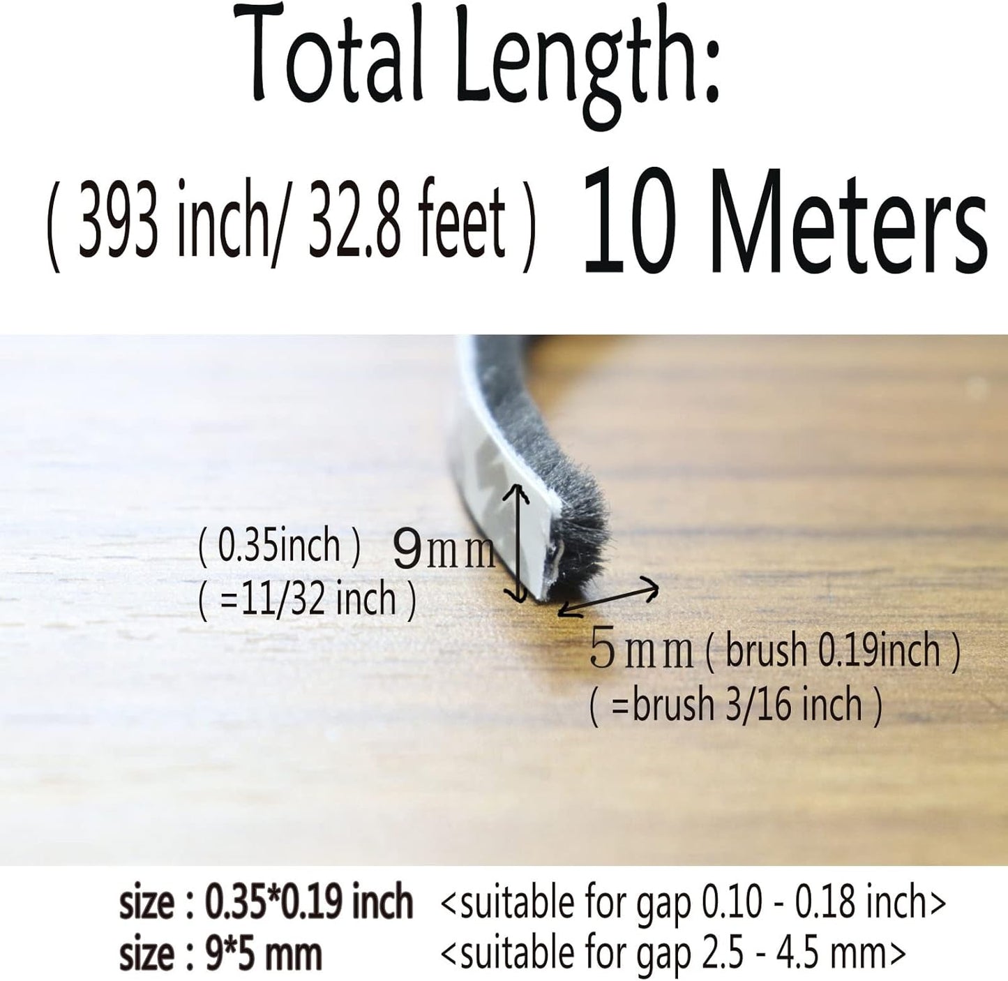 Weather Stripping Brush for Sliding Windows/Doors Frame Side,Pile Self Adhesive Weatherstrip Seal Strip Sealer Draft Stoppers (33ft x11/32 Backing x 3/16 Brush inch, Black)