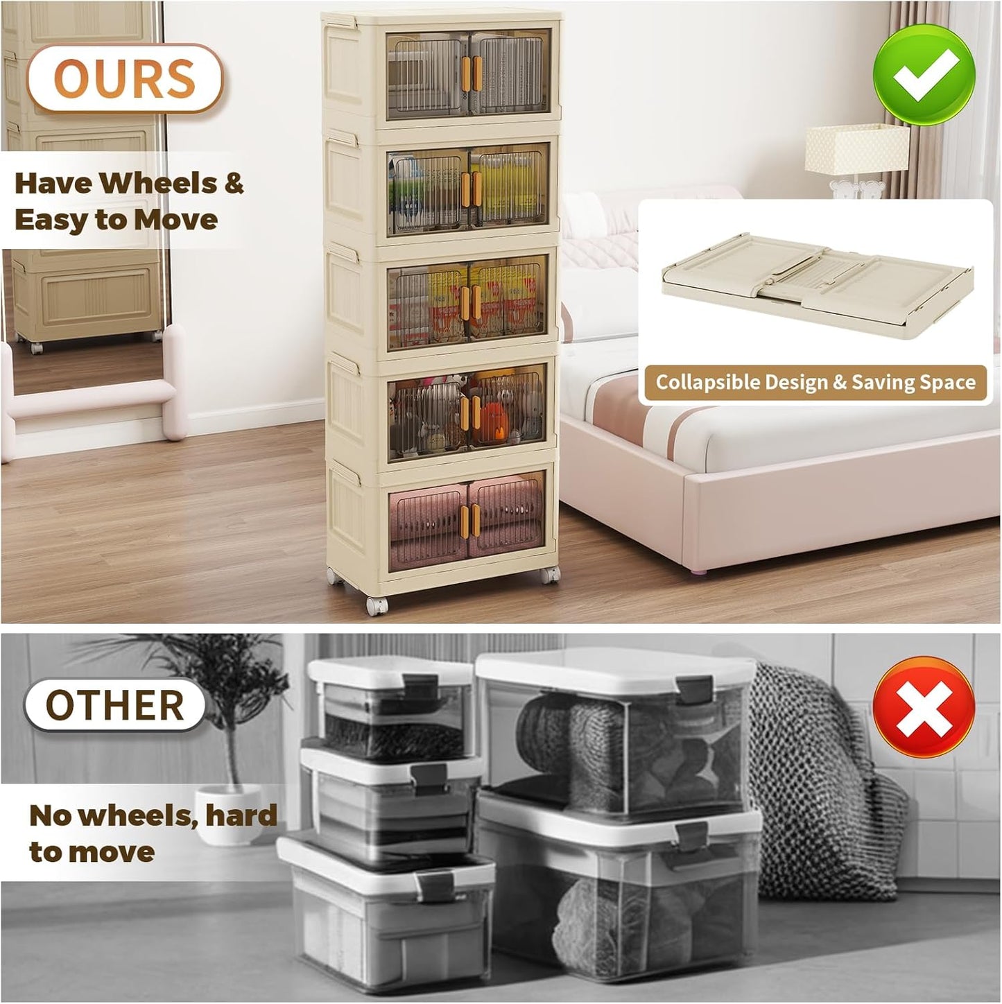 5 Tier Stackable Plastic Storage Bins with Lids 48QT, Collapsible Closet Organizers and Storage with Wheels for Living Room,Office,Dorm