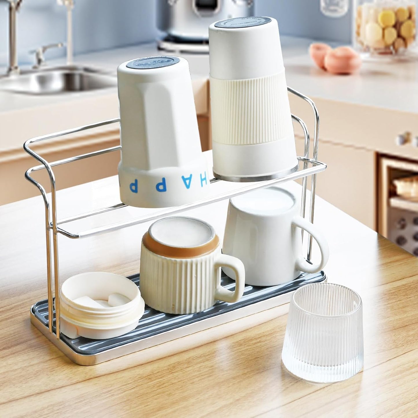 Bottle & Cup Drying Rack with Drain Tray (Stainless Steel Silver)