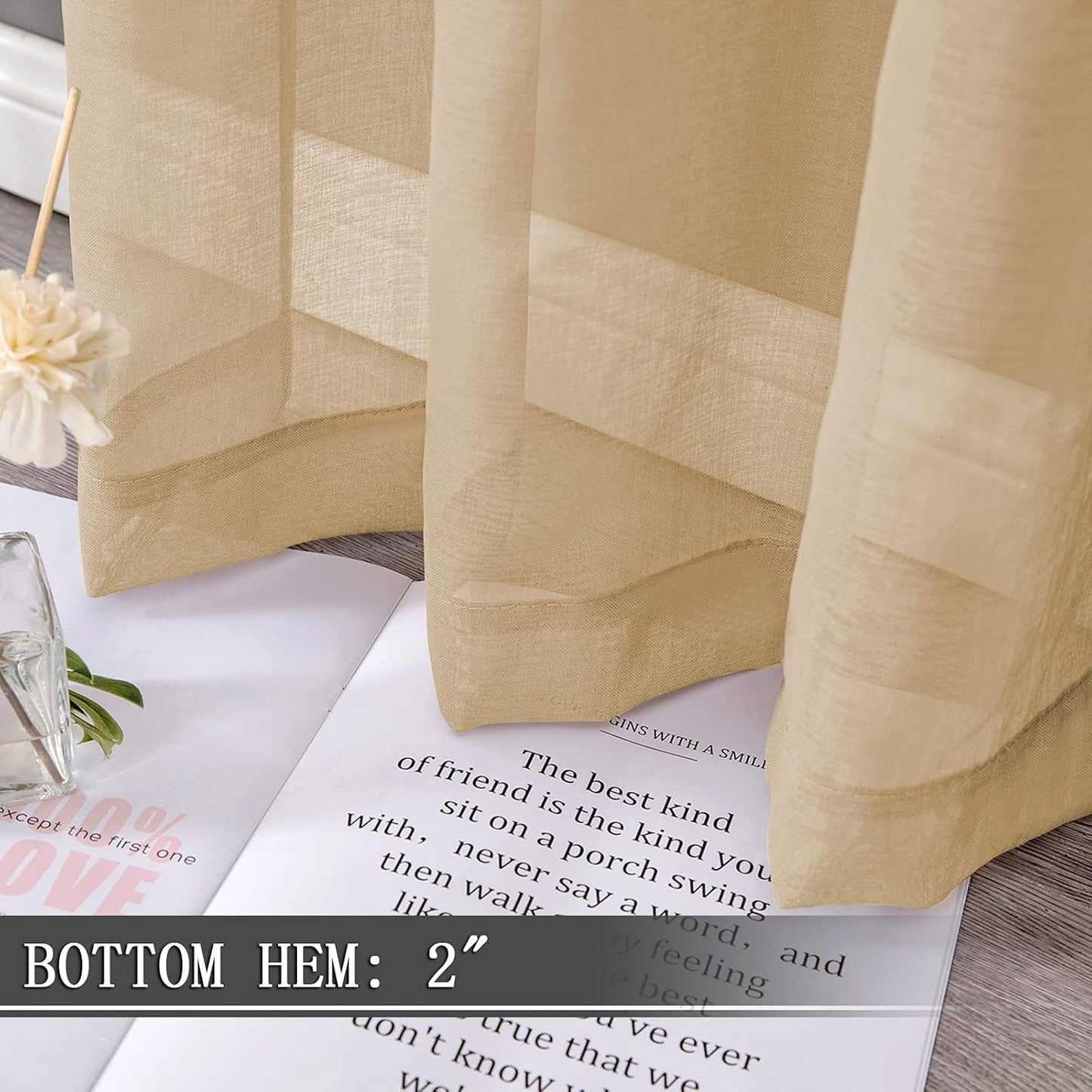 Tollpiz Sheer Tier Curtain Linen Textured Half Kitchen Curtains Sheer Light Filtering Rod Pocket Voile Small Curtains for Bathroom, 25 x 36 inches Long, Beige, Set of 2 Panels