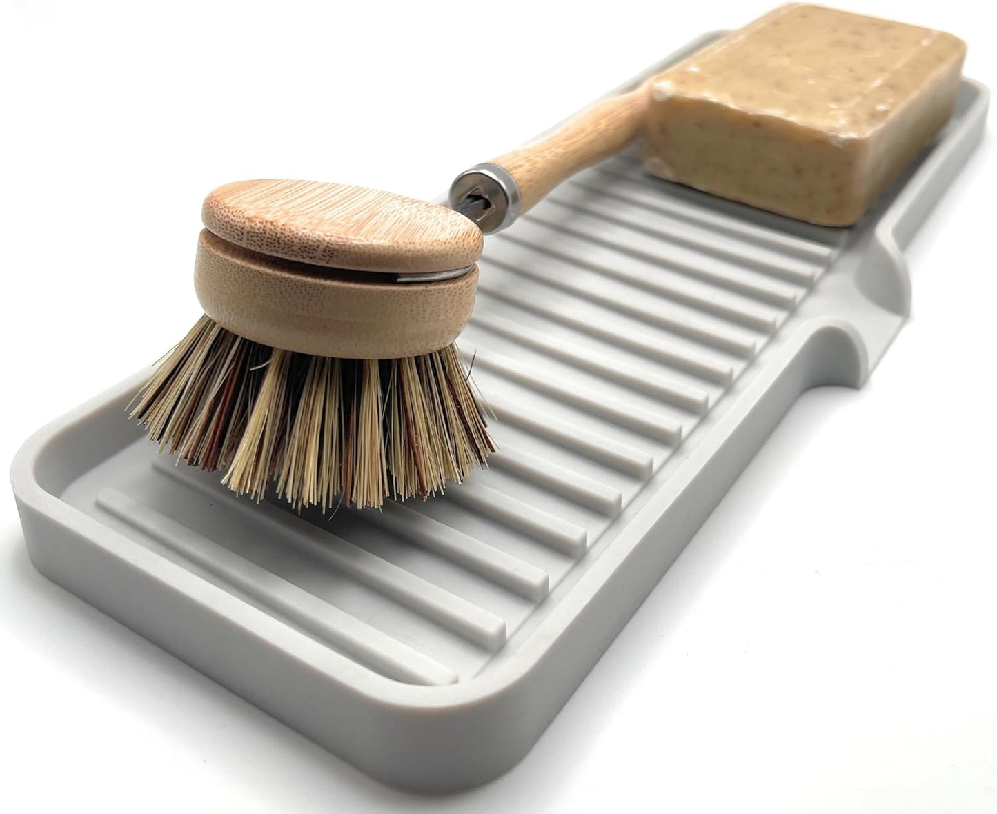 Happitasa Silicone Soap Dish Tray and Sponge Holder with Drain Chute | Bathroom and Kitchen Sink Organizer Caddy (Light Grey, 12"x4", 7.4 Ounces)