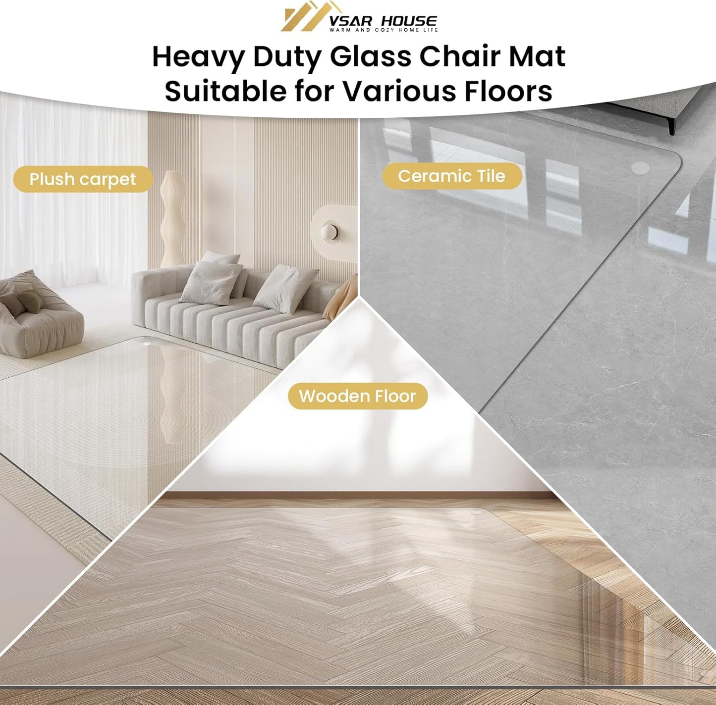 48"x31" Tempered Glass Chair Mat, Heavy Duty Glass Office Floor Mat for Carpet or Hardwood Floors, with Non-Slip Pads, Round Corner and Polished Edge, Effortless Rolling, Thick 1/5"