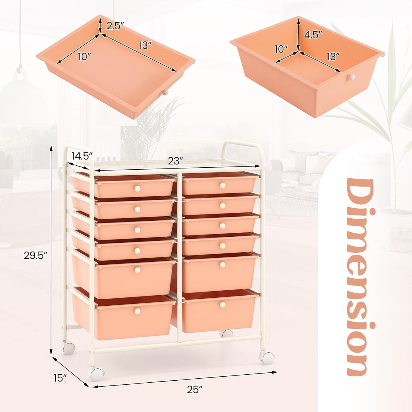 GOFLAME 12-Drawer Rolling Storage Cart, Multipurpose Organizer Cart with 2 Sizes Plastic Drawers, Mobile Utility Cart with Lockable Casters for School, Home Office, Beauty Salon, Peach Fuzz