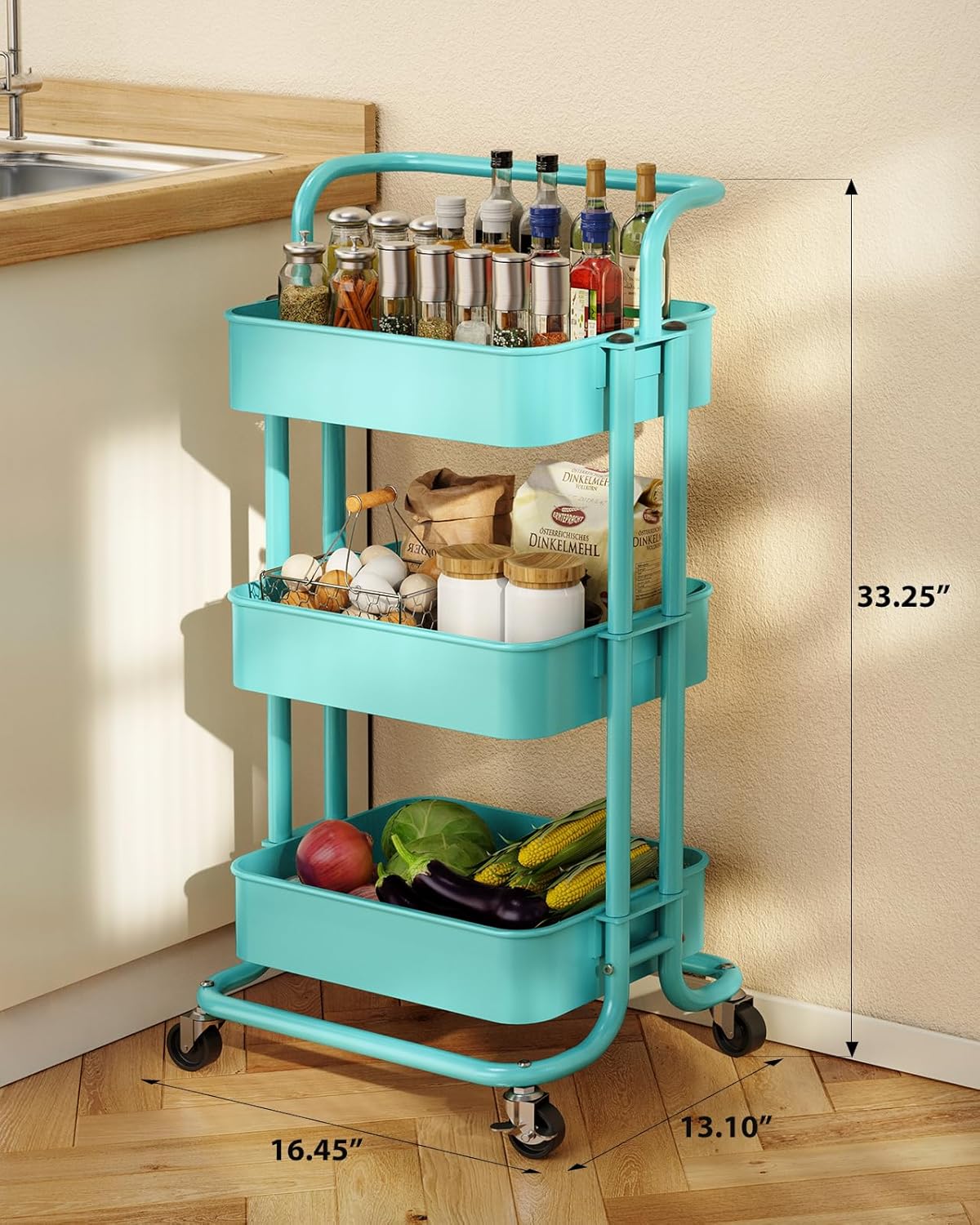 Pipishell 3 Tier Mesh Utility Cart, Rolling Metal Organization Cart with Handle and Lockable Wheels, Multifunctional Storage Shelves for Kitchen Living Room Office Turquoise