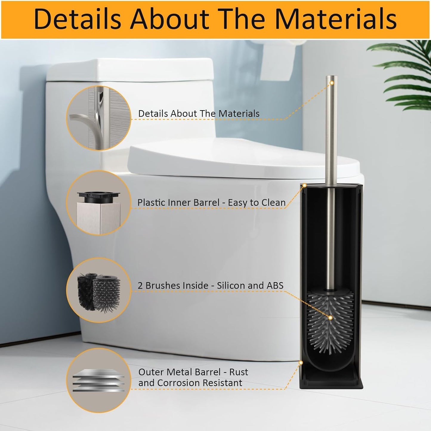 BGL Toilet Brush and Holder Set Brushed Nickel Aluminium Freestanding Toilet Bowl Cleaner Brush and Holder for Bathroom Storage and Organization, Square Design Sturdy and Space Saving