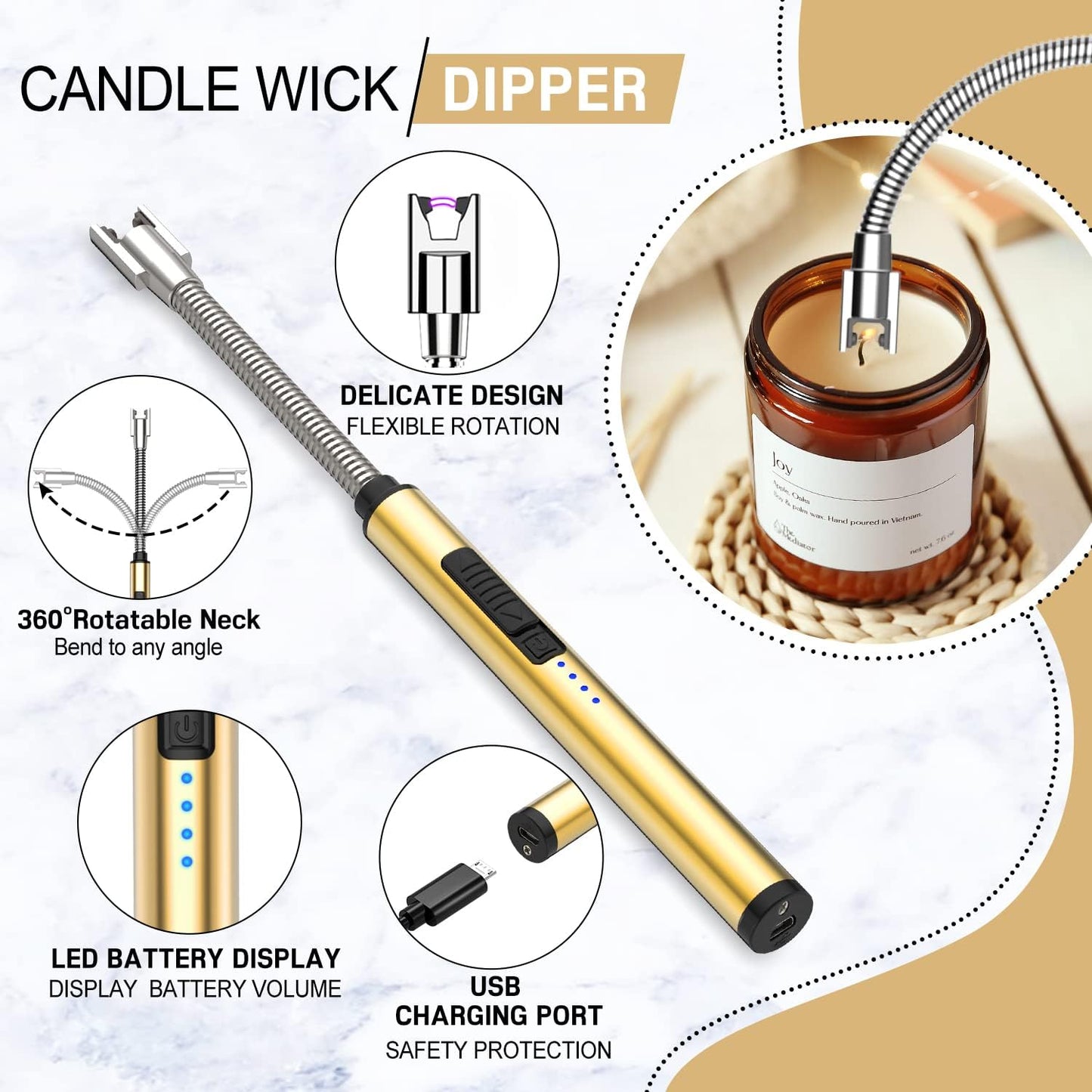 5 in 1 Candle Accessory Set,Candle Wick Trimmer Cutter,Candle Wick Dipper,Candle Wick Snuffer,Rechargeable Candle Lighter,Tweezers,Stainless Steel Candle Care Kit Home Gift for Aromatherapy(Gold)