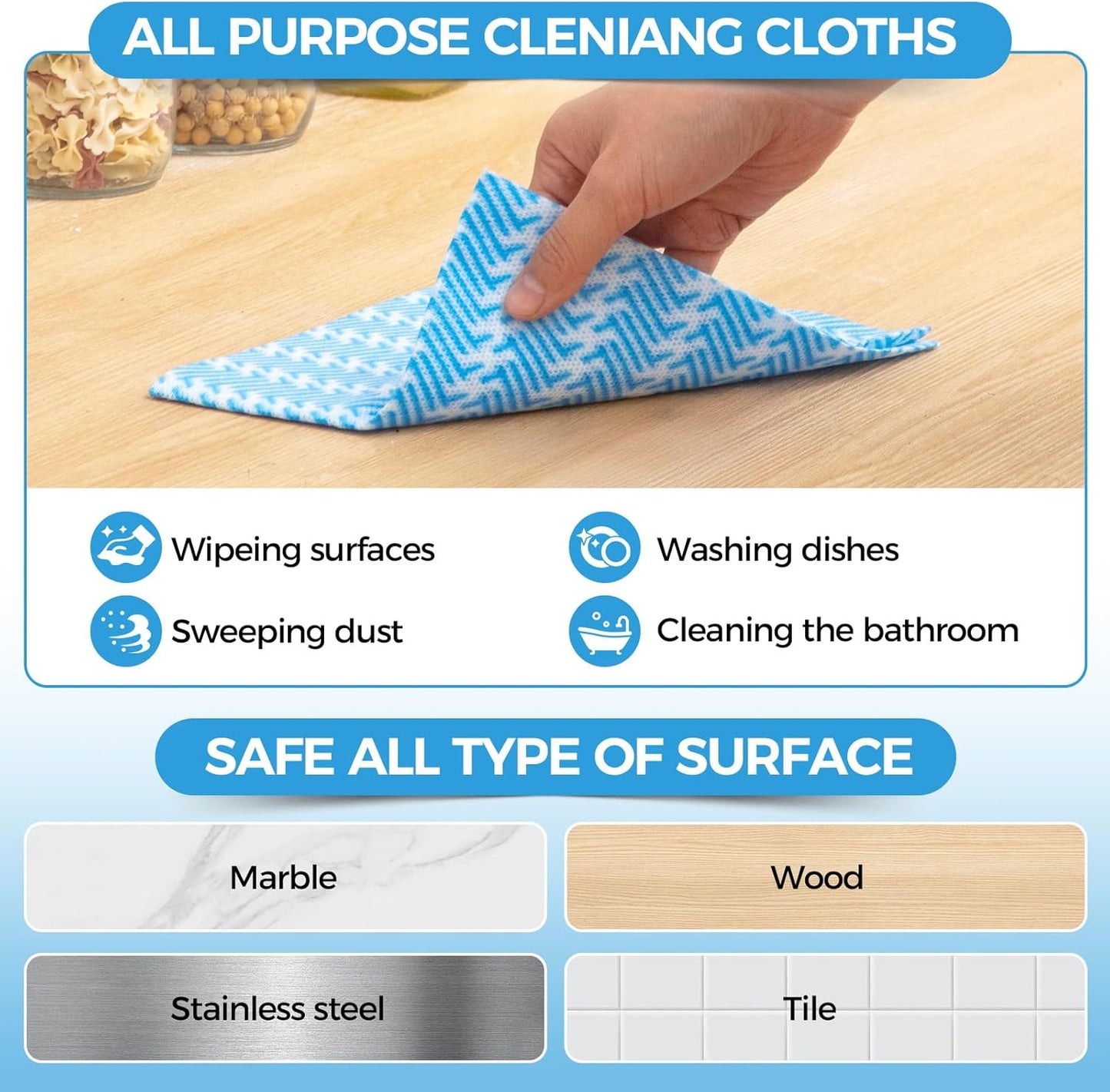 Handi Wipes Reusable Cloths Disposable Cleaning Towels Kitchen Dry Wipes Reusable Dish Towel Dish Cloths Dry Fast Multi-Purpose Heavy Duty Towels, Thick and Absorbnet 80 Count/Pack, Blue