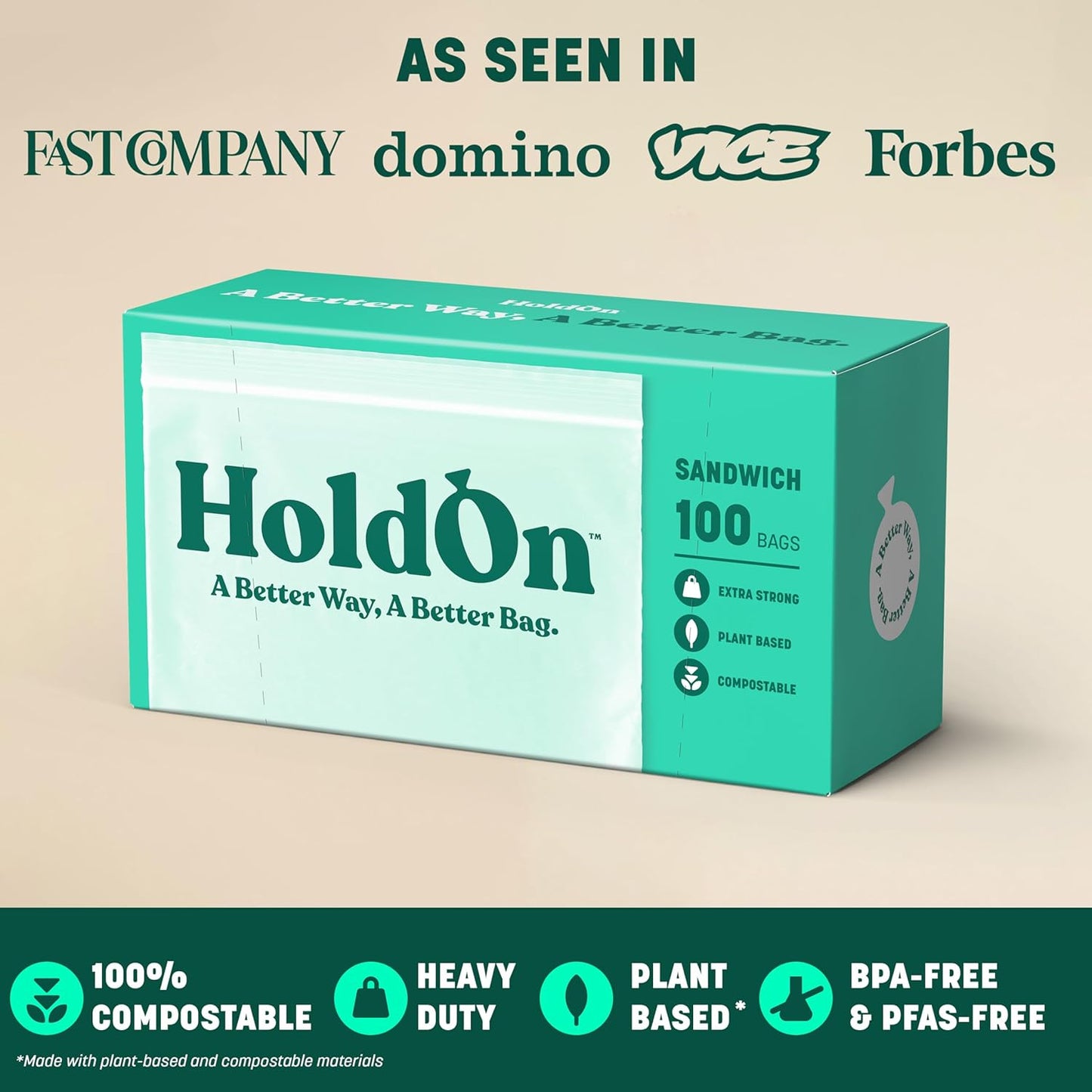 HoldOn Zipseal Sandwich Bags – Compostable, PFOA-Free, BPA-Free, Food-Safe Zip Seal Food Storage Bags With Secure Seal for Home & Travel, Freezer-safe (100 bags total)