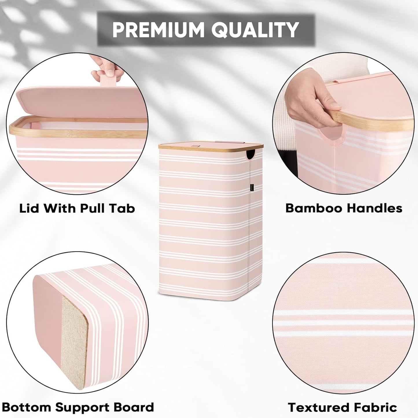 BALEINE Laundry Hamper with Lid, Tall Laundry Baskets with Bamboo Pull Handles, Large Laundry Bin with Internal Support (26 Gal/100L, Pink Pinstripe)