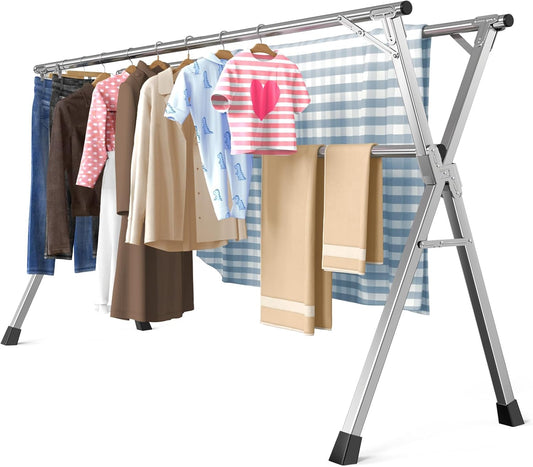 79 Inches Heavy - Duty Stainless Steel Folding Clothes Drying Rack - Indoor/Outdoor Use, Anti-Rust, 20 Windproof Hooks, Portable & Foldable (79'')