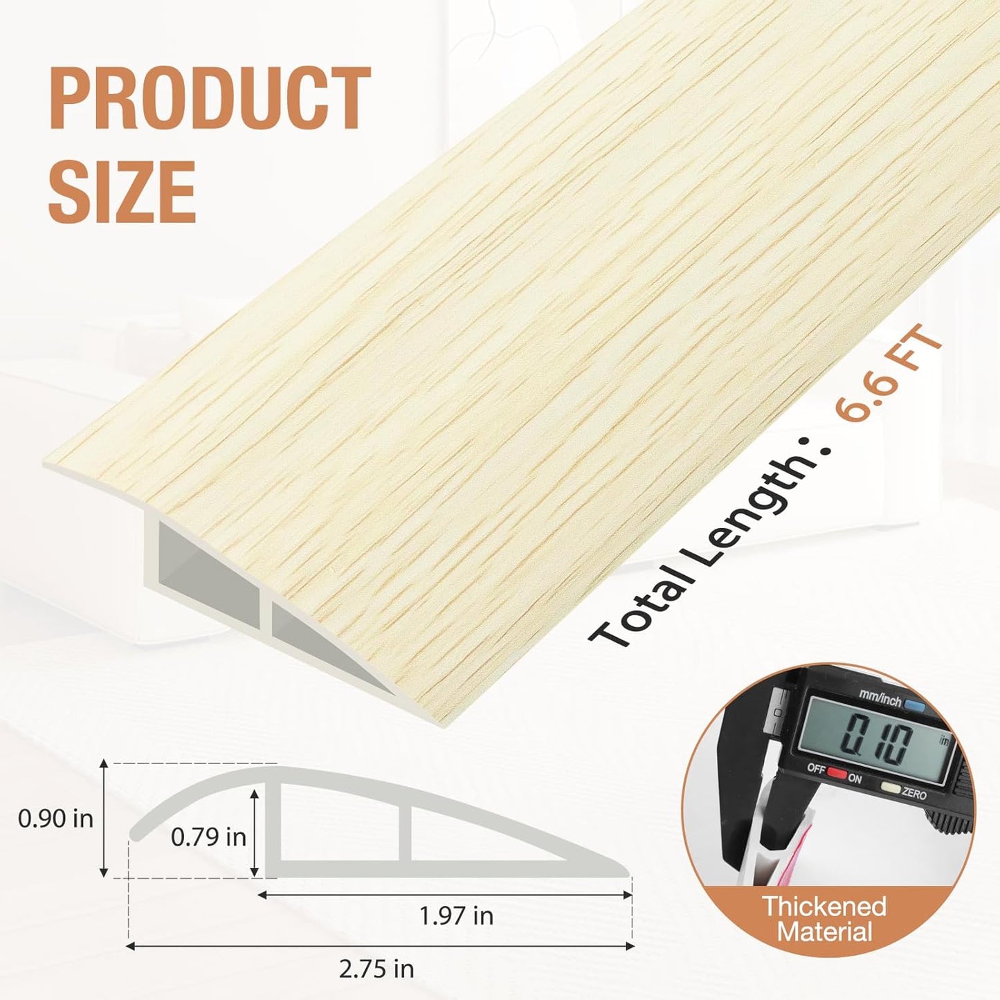 Floor Transition Strip Self Adhesive Vinyl Door Threshold for Doorways Carpet Edging Trim Overlap Edge Reducer for Laminate Floor, Carpet, Tile (Beige Wood Grain, 3/5" to 4/5", 6.6Ft)
