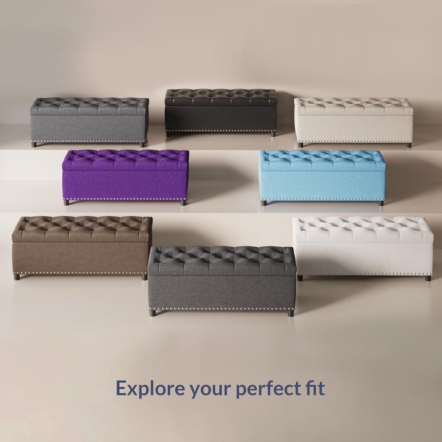 BELLEZE 47" Storage Ottoman, Storage Bench with Safety Close Hinge, Linen Button-Tufted Ottoman for Living Room, Entryway, Hallway, Foot Rest, Support 300lbs - Dark Gray