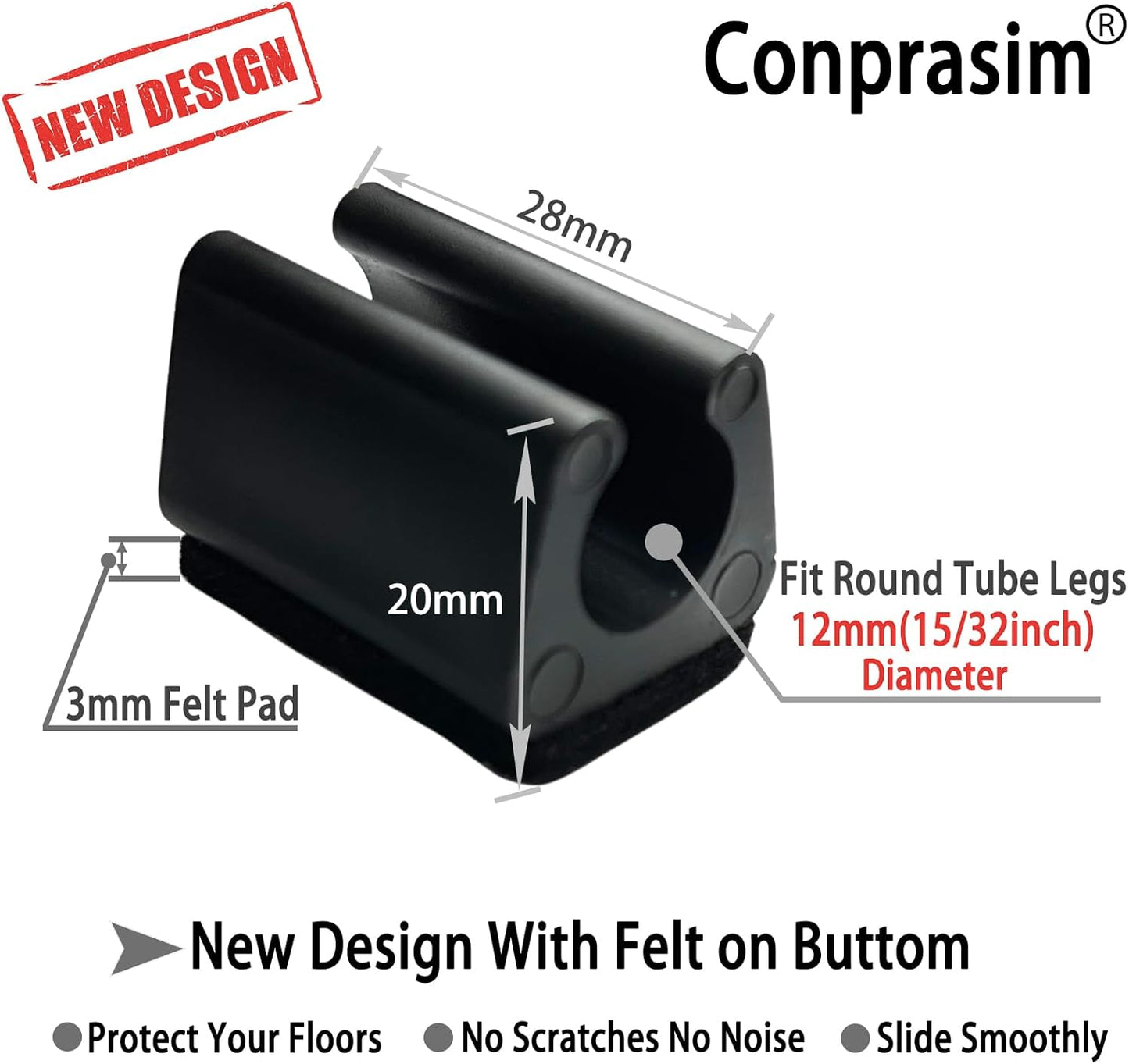 Rectangle U Shaped Chair Leg Tips Caps with Felt Pads,Furniture Feet Protector Slide Smoothly Glides No Scratches No Noise Protect Hardwood Floor,Fit 12mm(15/32inch) Diameter Tubular Leg (Black 24PCS)