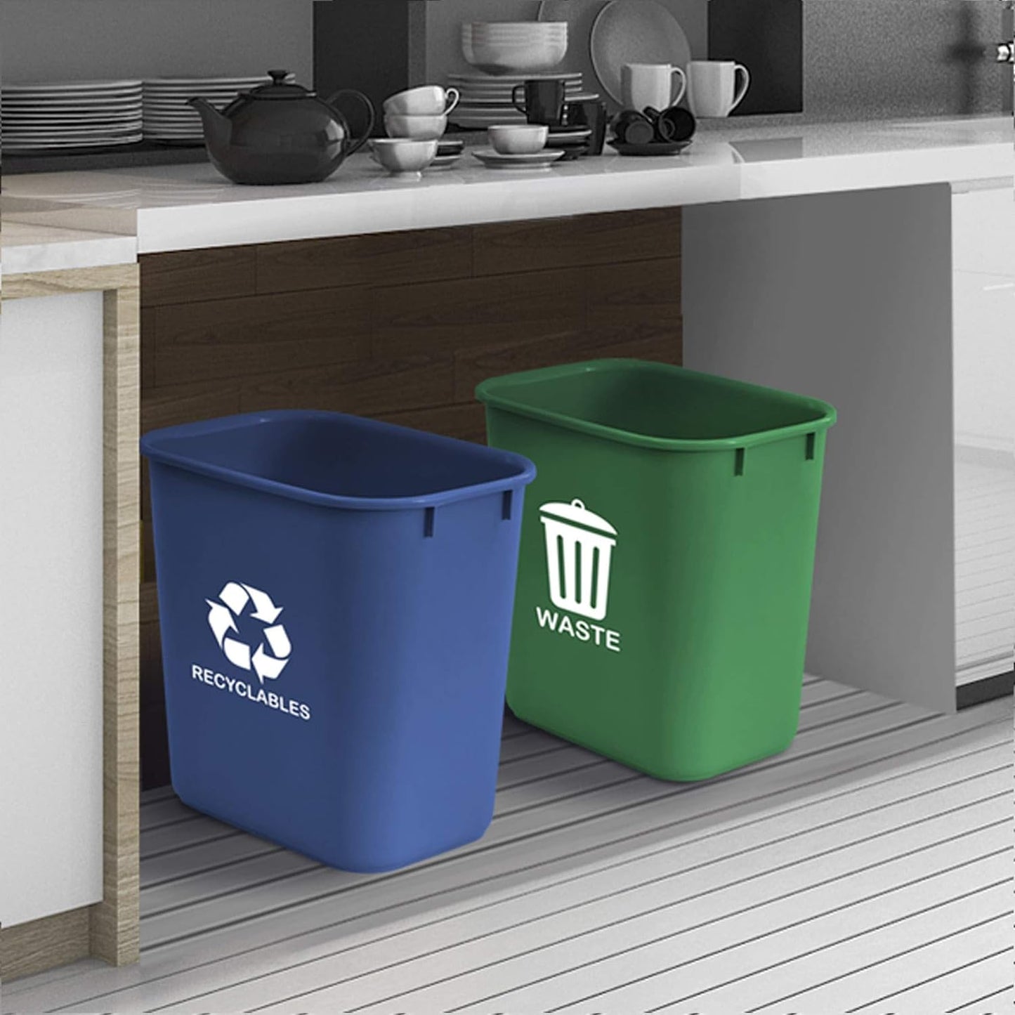 Acrimet Wastebasket Bin for Recycling and Waste, 6.75 Gallon/ 27 Quart/ 24 Liter (Plastic) (Green and Blue) (Set of 2)