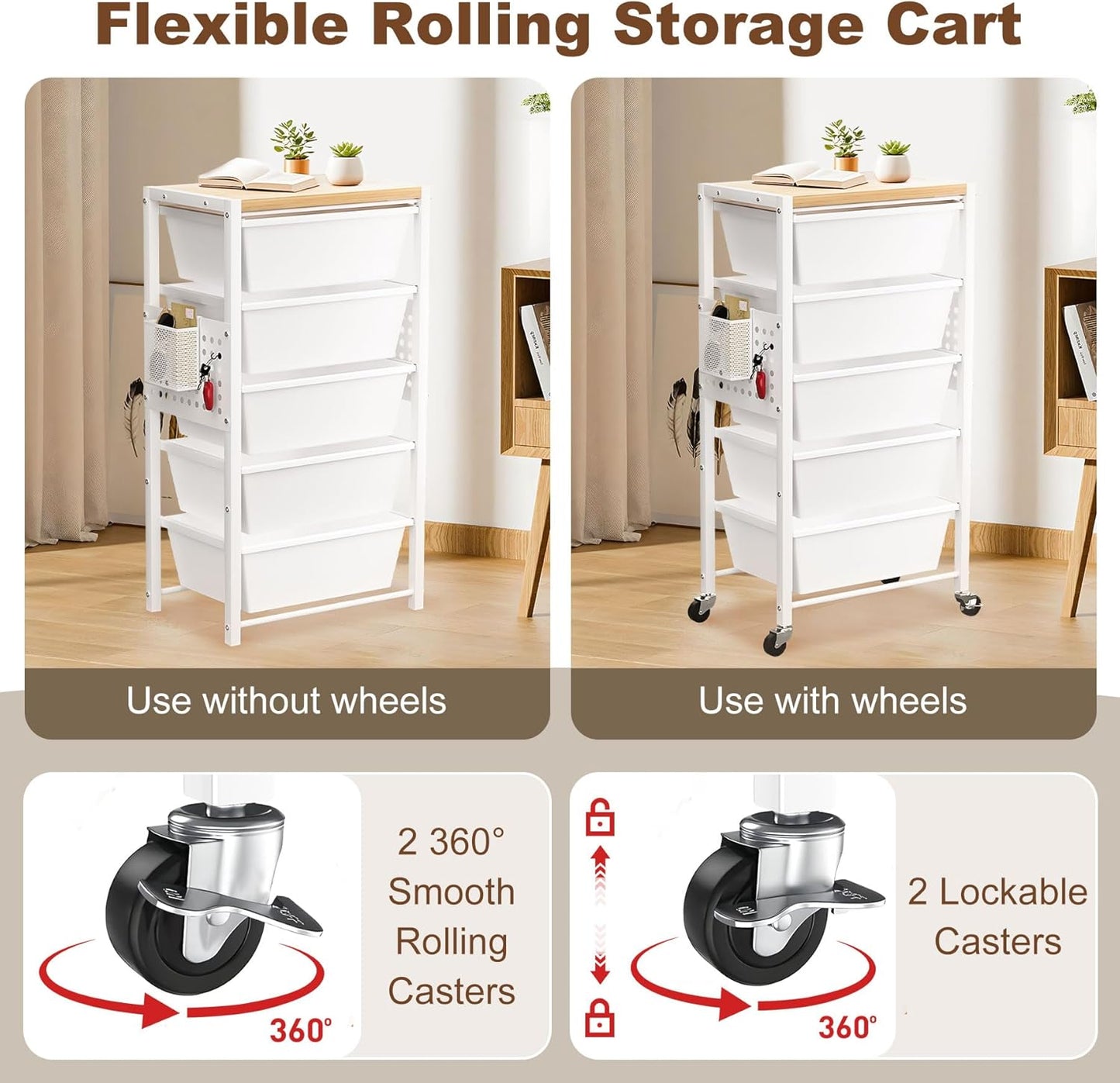 Rolling Cart with Drawers, Rolling Storage Cart with 5 Large Plastic Drawers & Wooden Tabletop, Utility Cart with Pegboards & Basket, Storage Drawers Cart for Living Room, Classroom, Bedroom, Office