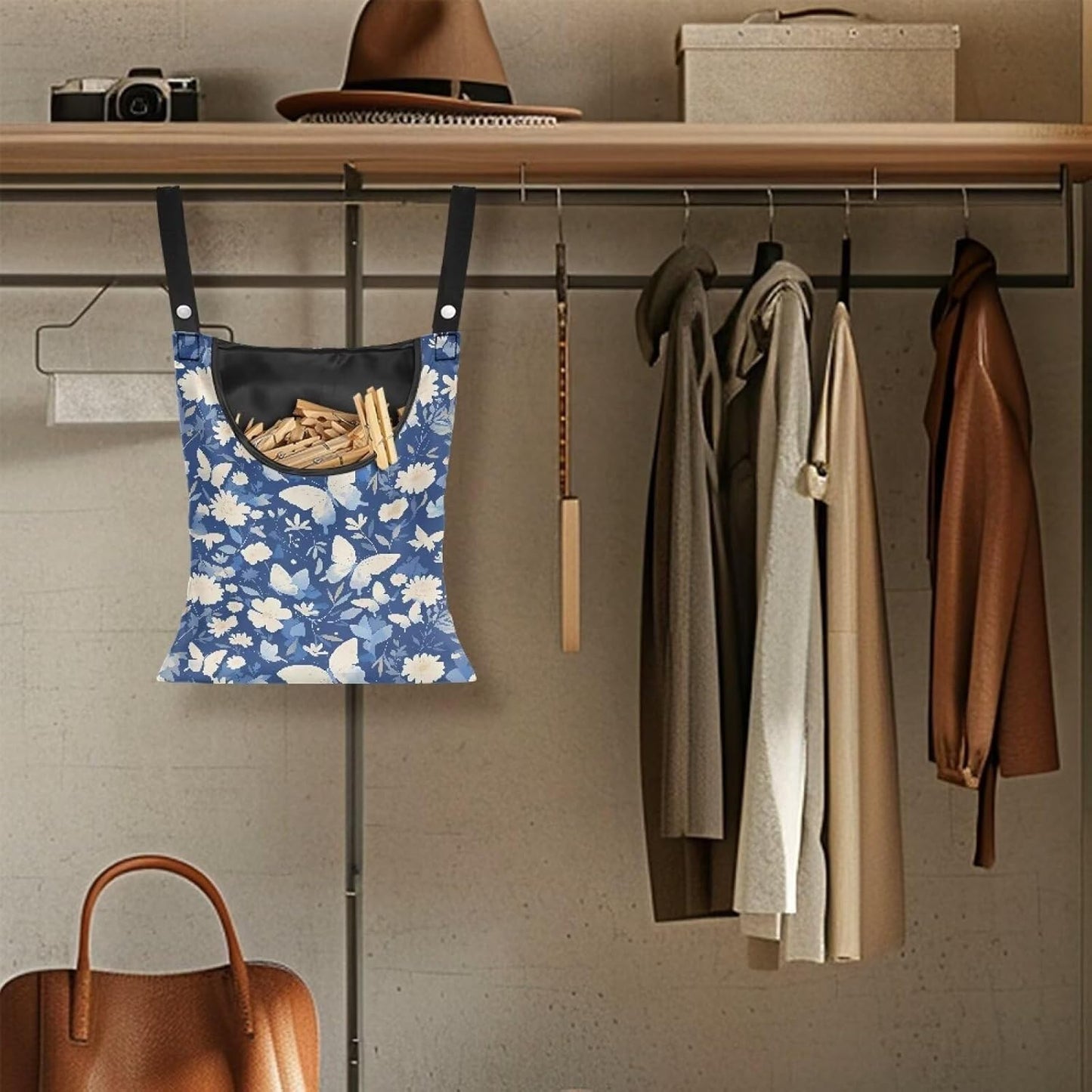 3 Pcs Butterfly and Floral Clothespin Bag with Large Opening Clothes Pins Holder Outdoor and Laundry Bag Hanging Fits for Clothesline Outdoor