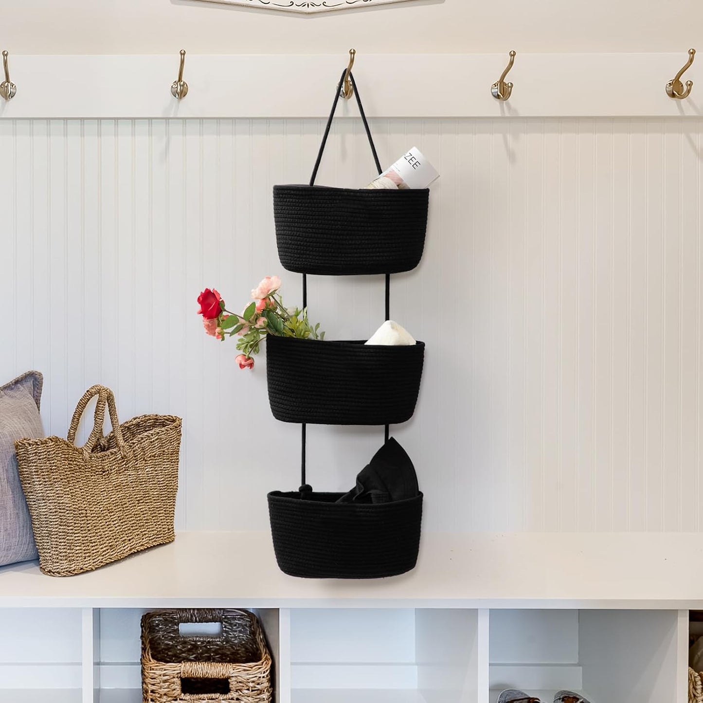 TeoKJ Over the Door Organizer, 3-Tier Woven Cotton Hanging Kitchen Baskets Storage Organizer Bag with Hooks Wall-Mounted Decorative Rope Baskets - Black