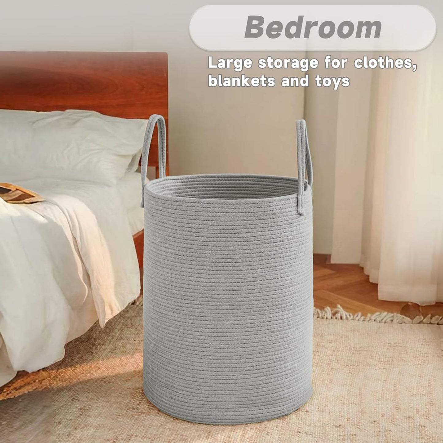 Large Woven Laundry Basket Hamper,100L Cotton Rope Storage Bin for Blankets,Toys and Clothes,Decorative Tall Nursery Hamper for Living Room,Baby Nursery,Bathroom and Bedroom,Grey