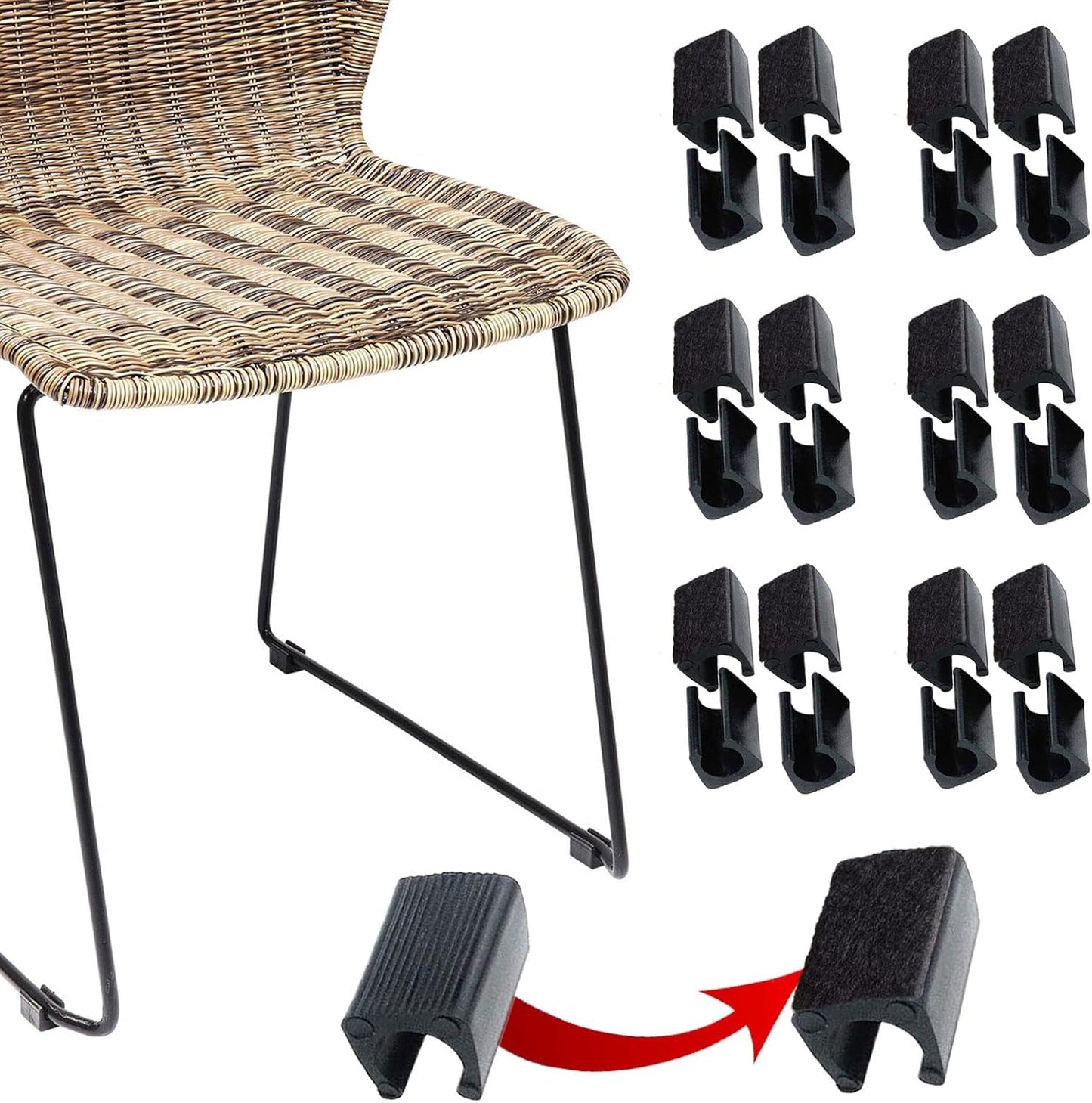 Rectangle U Shaped Chair Leg Tips Caps with Felt Pads,Furniture Feet Protector Slide Smoothly Glides No Scratches No Noise Protect Hardwood Floor,Fit 10mm(25/64inch) Diameter Tubular Leg (Black 24PCS)