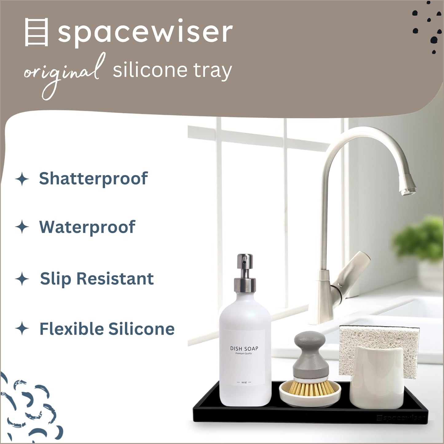 Countertop and Vanity Tray - 11.7" Silicone Bathroom Tray Countertop, Dish Soap Trays for Kitchen Counter, Organizer Accessories Caddy, Toilet Laundry Shower Oil Makeup Mat, Black