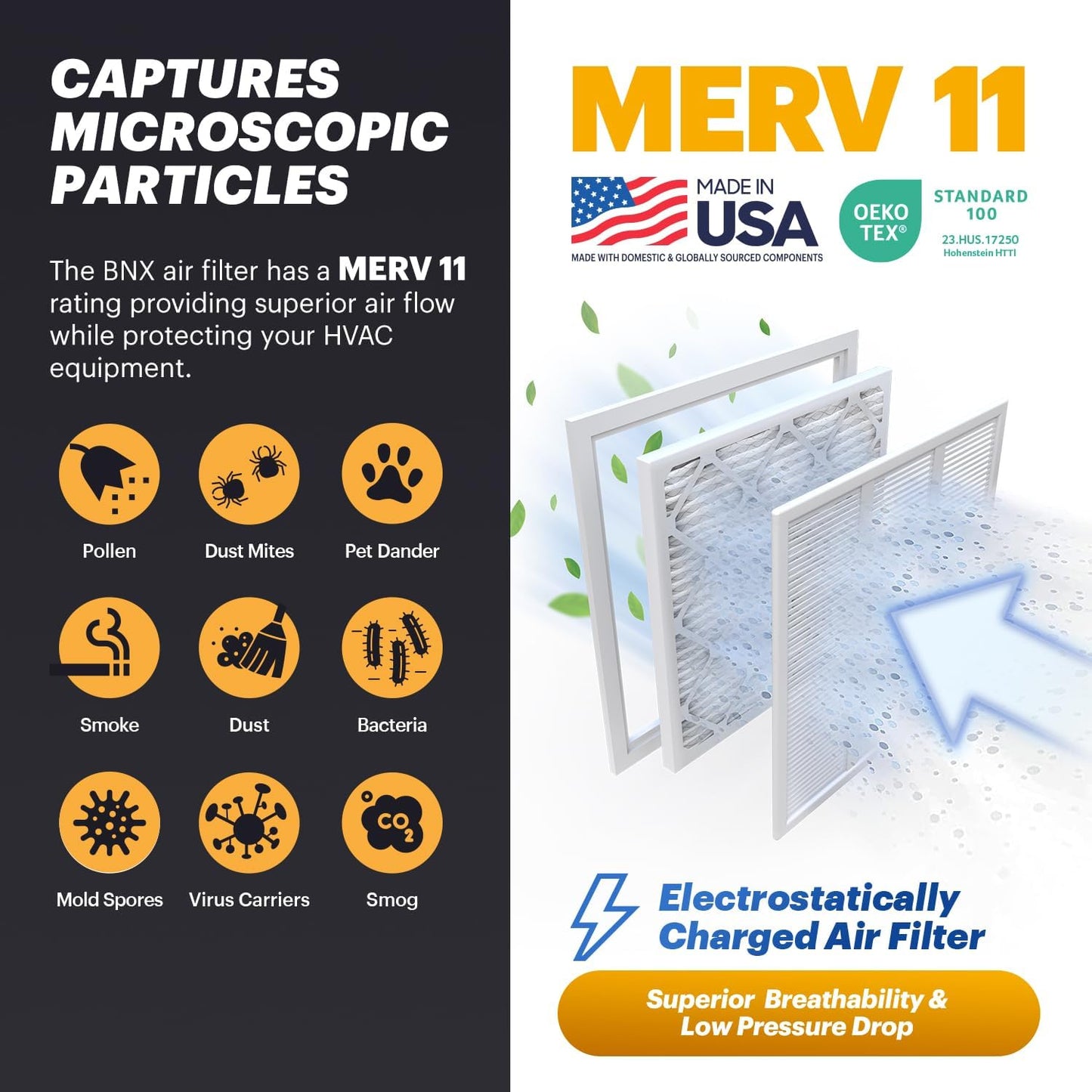 BNX TruFilter 20x25x2 Air Filter MERV 11 (4-Pack) - MADE IN USA - Allergen Defense Electrostatic Pleated Air Conditioner HVAC AC Furnace Filters for Allergies, Dust, Pet, Smoke, Allergy MPR 1200 FPR 7