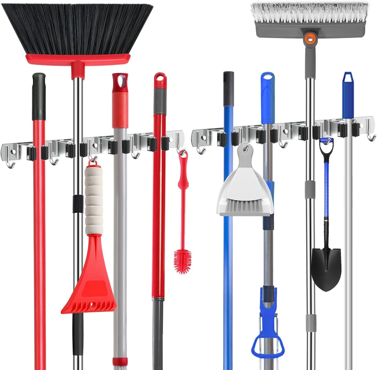 nacena Broom holder Wall Mount, 2-Pack Silver Stainless Steel Self-Adhesive Mop and Broom Hooks Heavy Duty Broom and Mop Storage Rack laundry room organization for Kitchen Garden garage