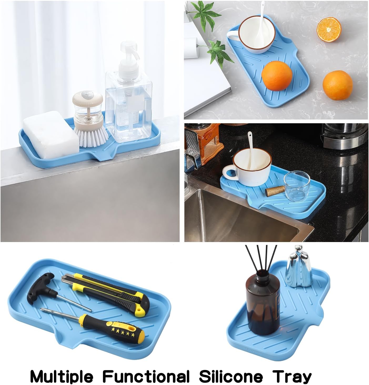 Silicone Bathroom Soap Dishes with Drain Spout-Bathroom and Kitchen Sink Organizer,Sponge Holder,Dish Soap Tray,Perfect for Dispenser,Scrubber,Bottle on Sink or Counter-Light Blue 9.6"×5.3"