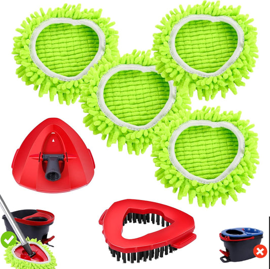 4 Pack Spin Mop Replacements Head Compatible for Oceda EasyWring 1-Tank System,Microfiber Spin Mop Refills Head,1 Mop Scrub Brush + 1 Mop Base + 4 Pack Cleaning Floor Mop Head（Green)