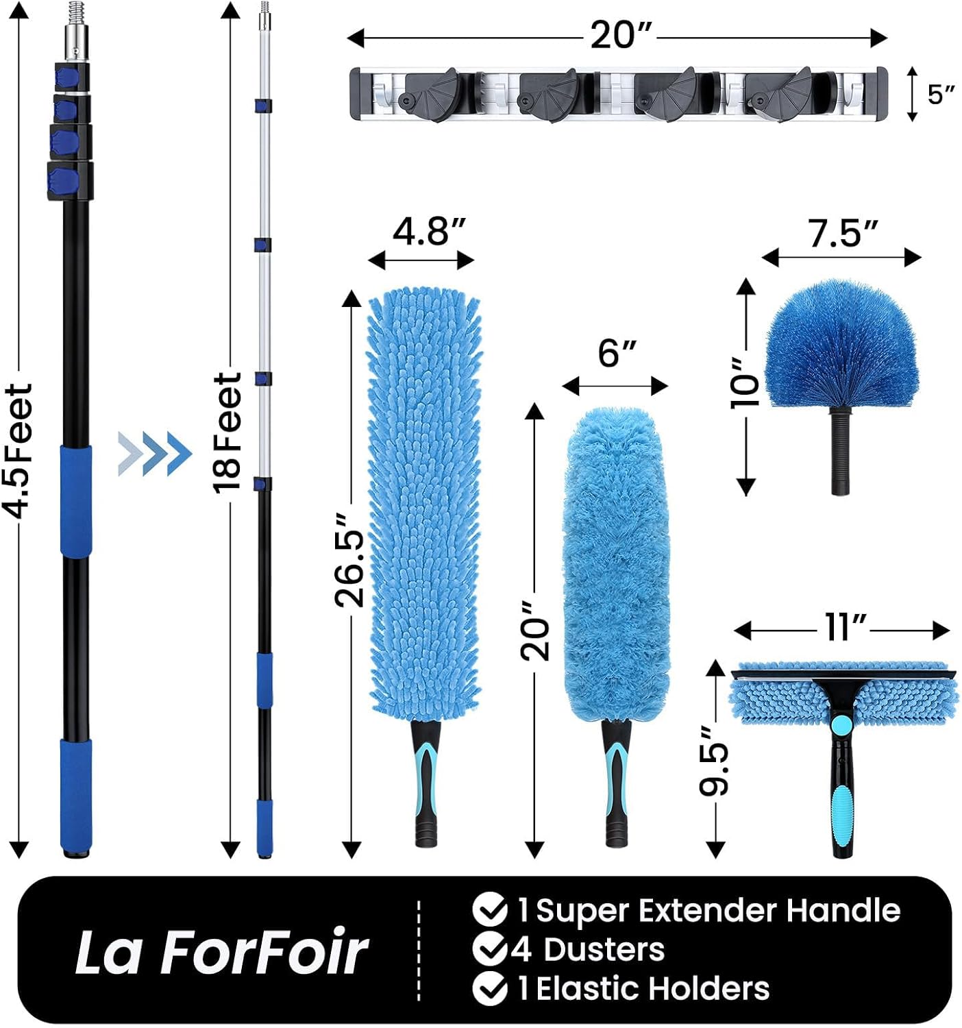 25ft High Ceiling Duster Kits with 5-18ft Heavy Duty Extension Pole - Fan Blade Cleaner, Cobweb Remover & Blue Window Squeegee Kit, Washable Dust Brush for High Roof and Glass Surfaces