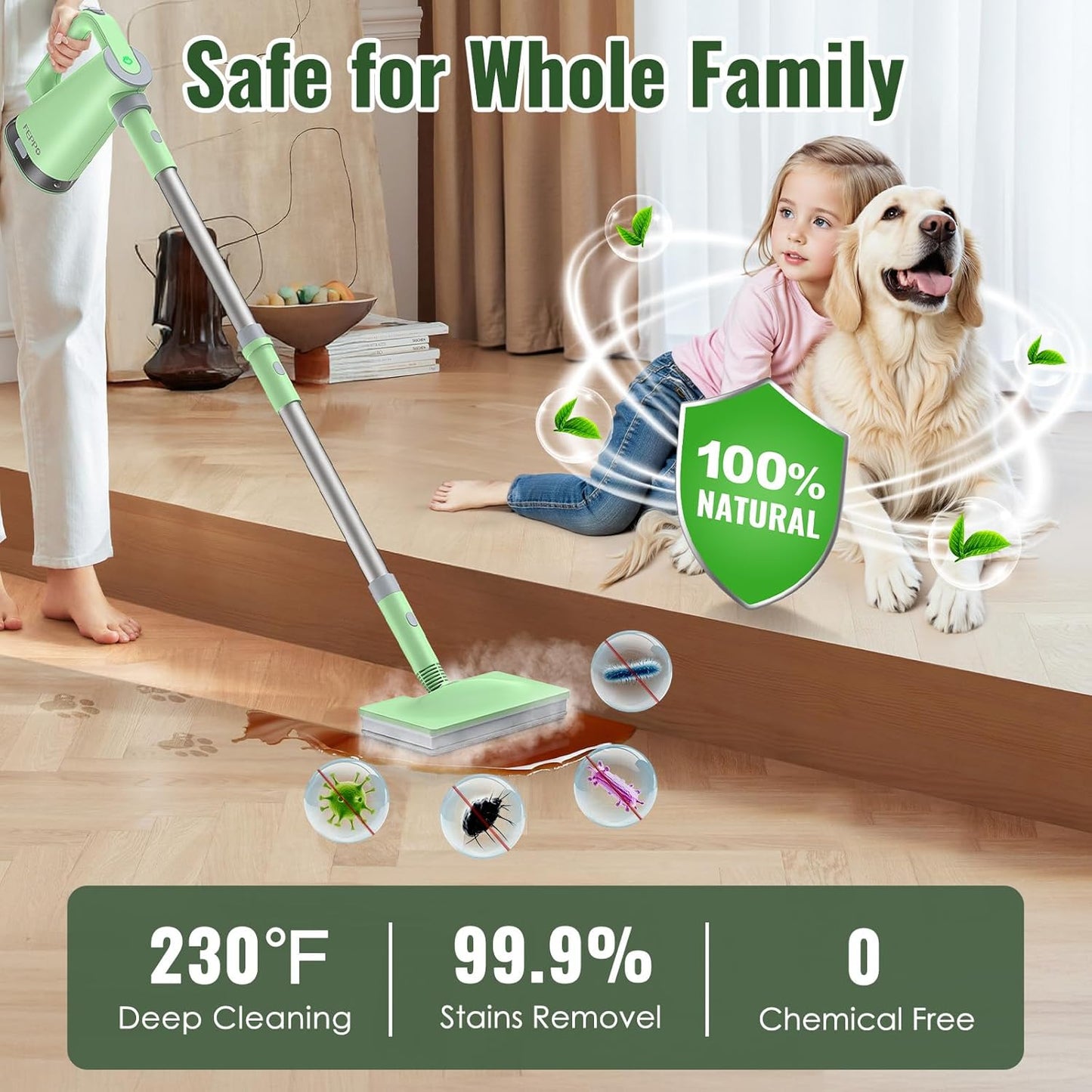 FEPPO Steam Mop with Detachable Handheld Steam Cleaner for Home and Floor Cleaning, 10-in-1 Multi-purpose Attachments & 2 Pads, Powerful Steamer for Floors, Hardwood, Tiles,Grout,Windows,Kitchen,Bath