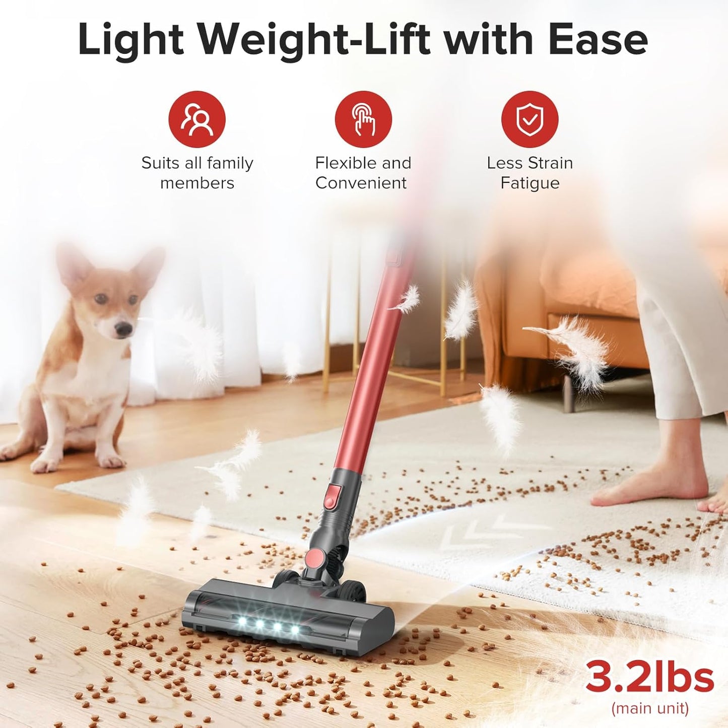 Cordless Vacuum Cleaner with Self-Standing, 40KPA Stick Vacuum Cleaners for Home, 8-in-1 Lightweight Rechargeable Vacuum, 7-Layer Filtration,Ideal for Carpet, Pet Hair, Hardwood Floors