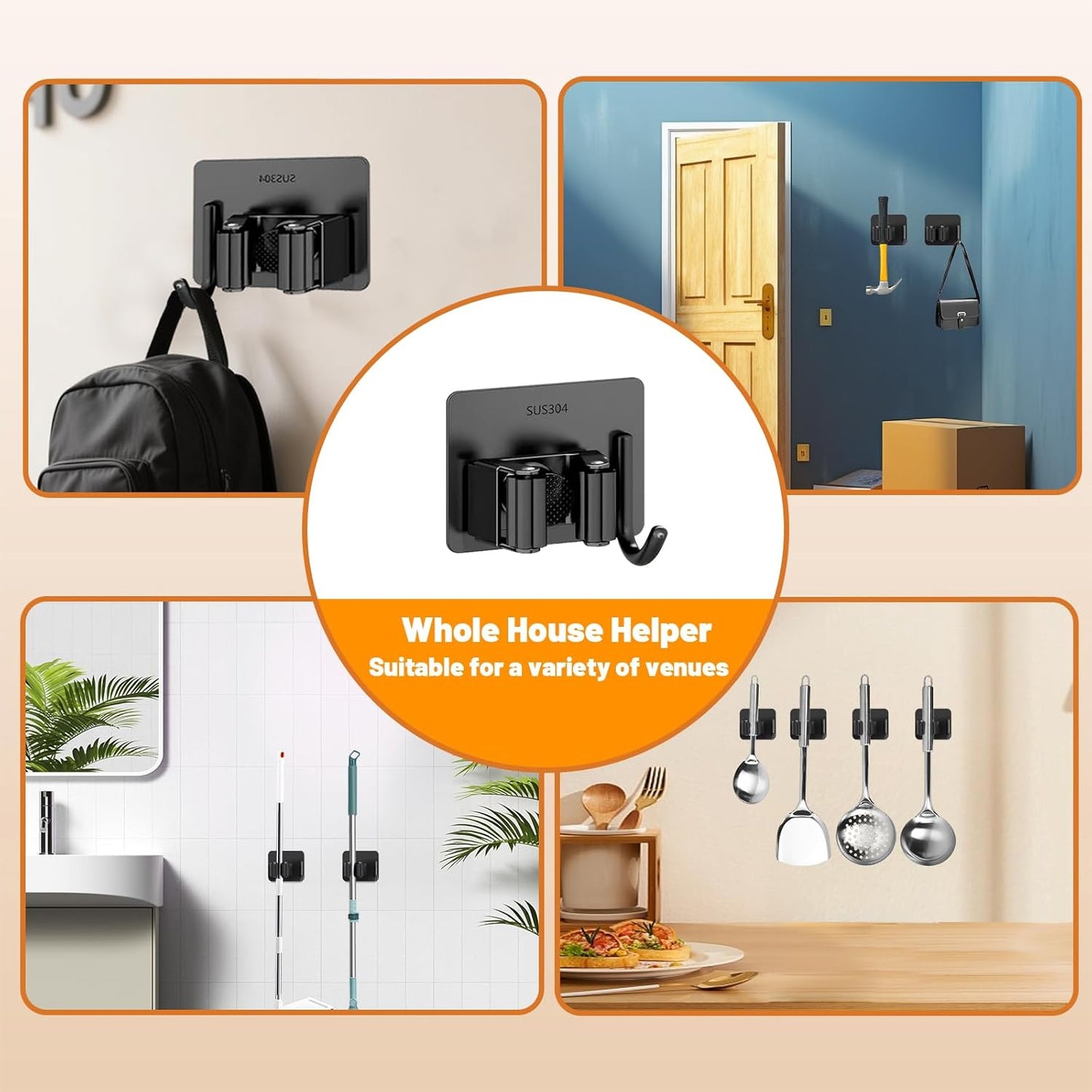 3 Pack Broom Holder Wall Mount,Stainless Steel Broom Holder with Hooks Screw, No Drill Self Adhesive Hanger Tool Rack Organizer for Closet Garage Laundry Room Kitchen Decor (Black) (3)