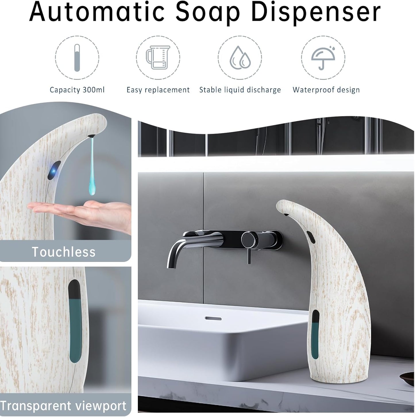 Automatic Liquid Soap Dispenser，300ML Touchless 4 Gear Adjustable,Countertop Electric Battery Operated Hand Soap Dispenser with Sensor for Bathroom,Kitchen,Office(White Wood Grain)