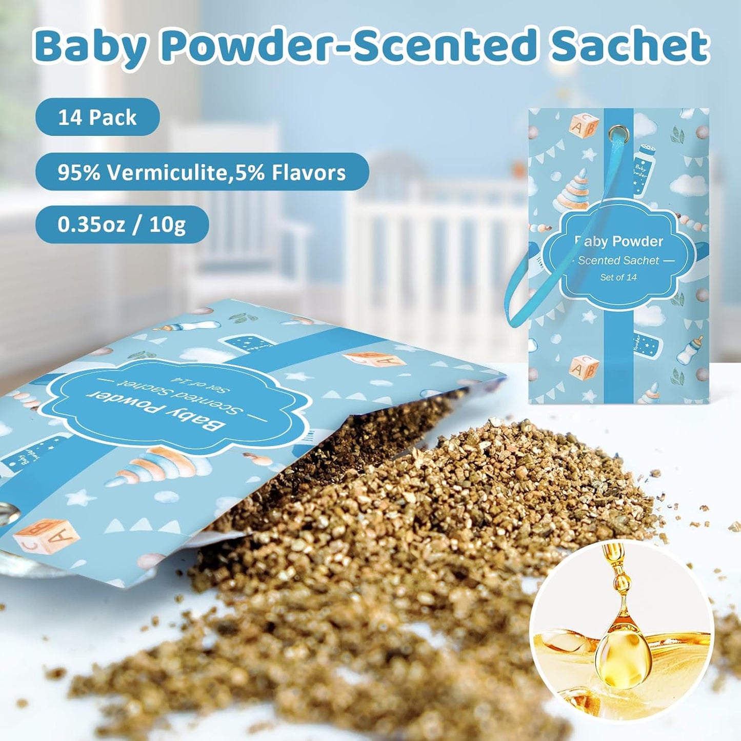 SCENTORINI Scented Sachets for Drawers and Closets, Baby Powder Scent 14 Pack, Long-Lasting Sachets Bags Wardrobe Freshener, for Drawers, Closets, Cars