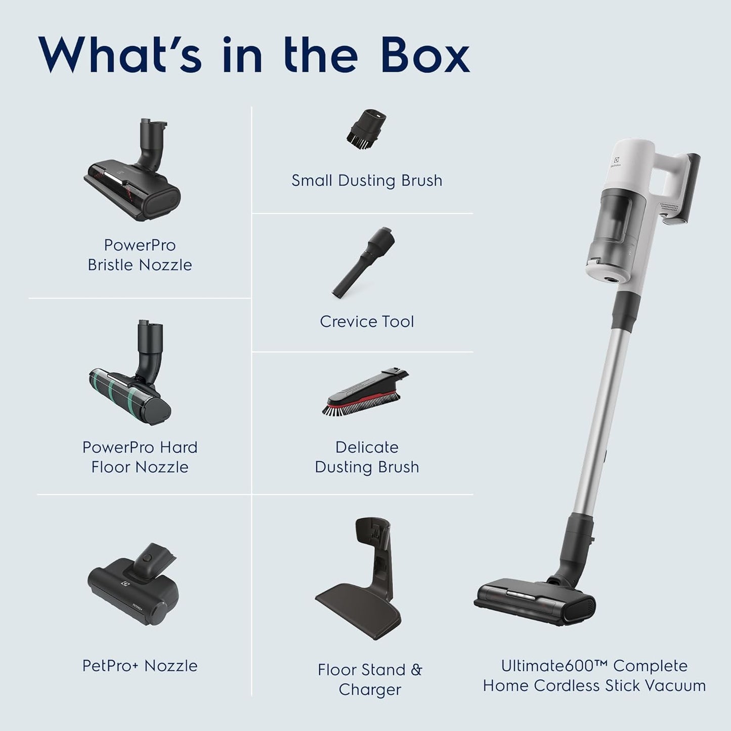 Electrolux Ultimate600 Complete Home Cordless Stick Vacuum with 3 Specialized Nozzles (Multi-Surface, Hard Floor & Pet), 50-Minute Run Time, 3 Power Modes, White