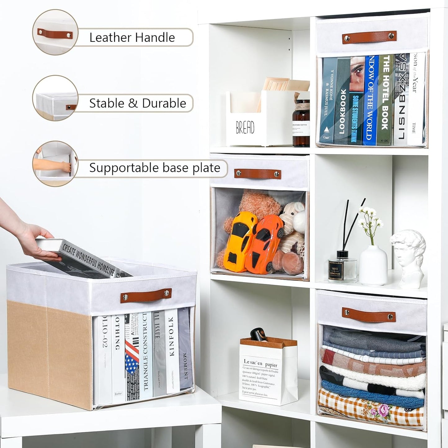 HNZIGE Fabirc Storage Cube Bins 13x13x15 Storage Cube Bins, 4 Pack Foldable Decorative Clear Cube Storage Bins for Cube Organizer Canvas Cubby Storage Organizer Bins for Shelves Pantry- White Beige