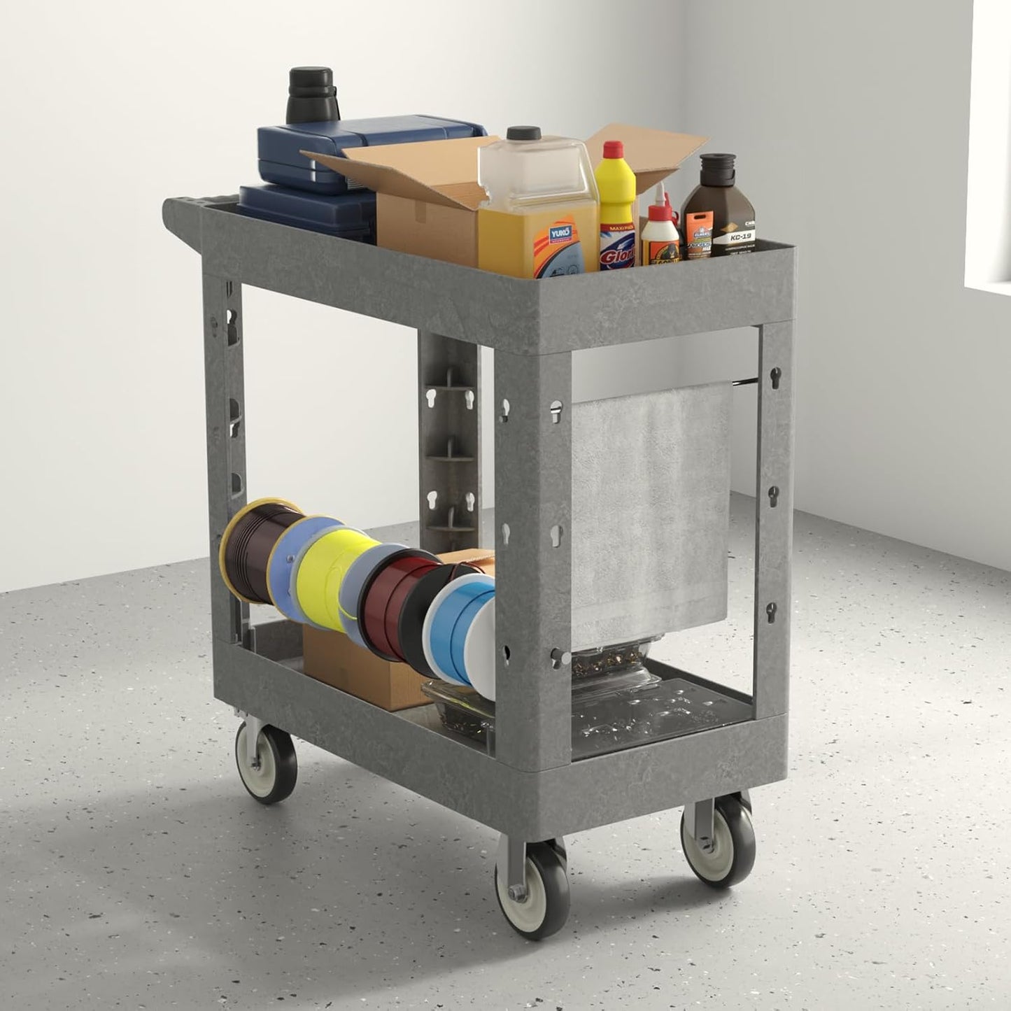 Utility Cart on Wheels, 1000 lbs Capacity Rolling Service Cart, 34 x 17 Inch Work Carts, 2 Shelf Heavy Duty Plastic Tool Cart, Lipped Shelves, for Warehouse, Garage, Cleaning, Gray