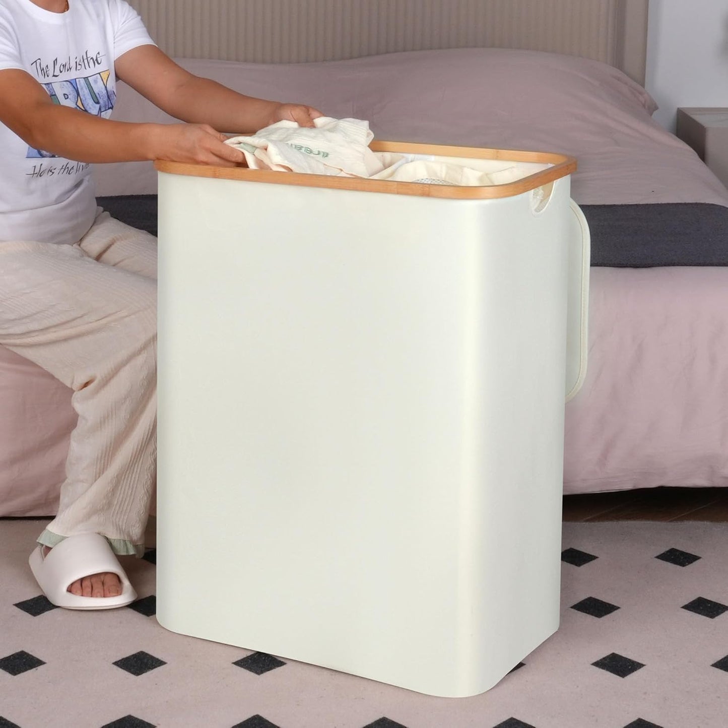 efluky Laundry Hamper with Lid, 160L Tall Laundry Basket with Bamboo Handles for Clothes and Toys, Collapsible Laundry Hamper with 2 Inner Bags for Bedroom and Bathroom, Beige