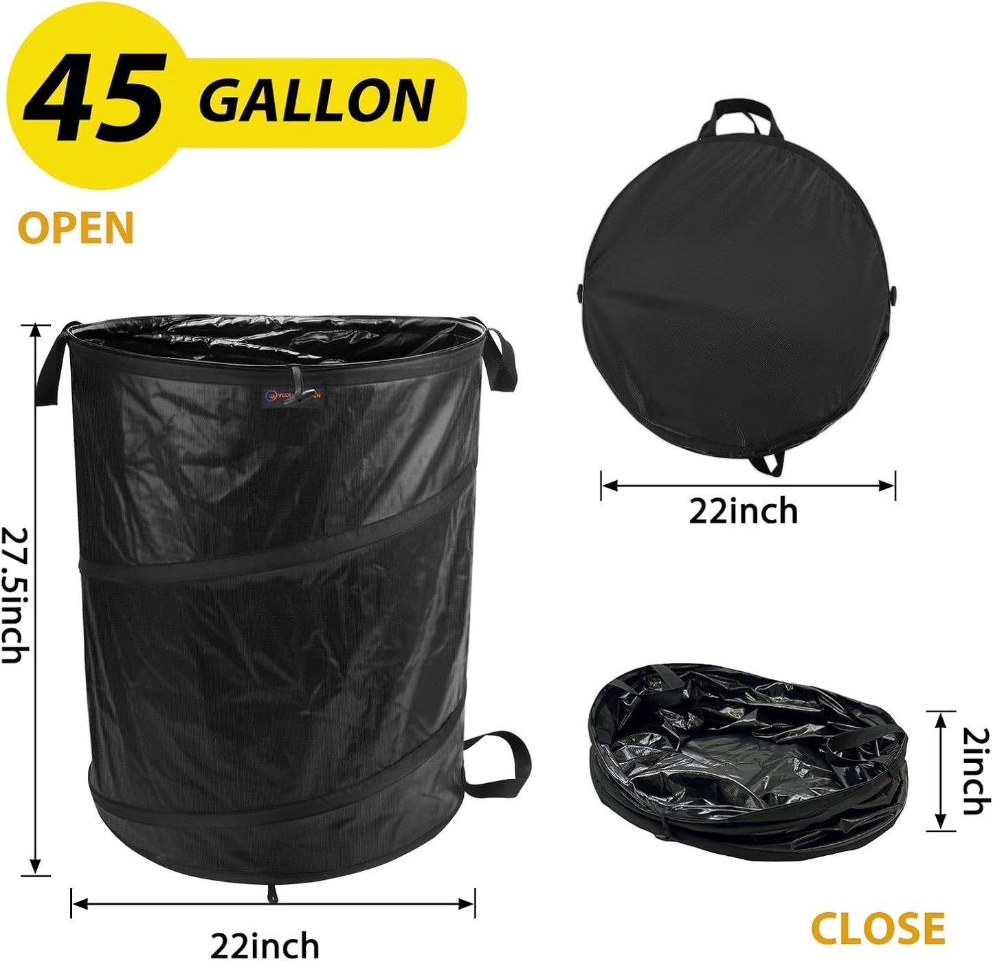 YUDI & GARDEN 45 Gallon Collapsible Garden Bag｜Collapsible Trash Can｜Camping Trash Can,Black,for Collecting Weeds, Party and Yard Waste