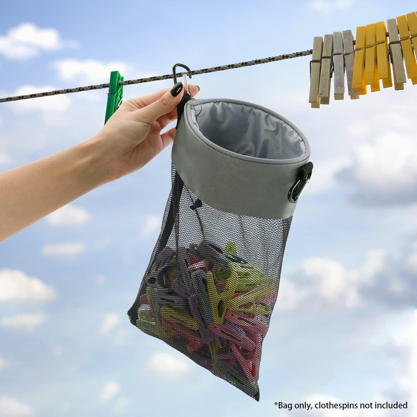 Mesh Clothespin Bag with Hooks Hanging Clothes Pin Bag with Drawstring Closure Clothespin Holder, Ventilation and Moisture Resistance, Storage Organizer, Machine Washable （Gray）